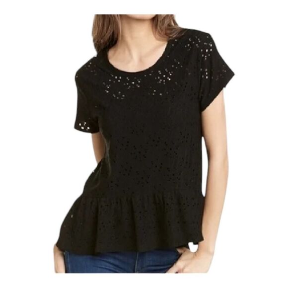 Nanette Lepore Large Black Short Sleeve Top Eyelet Floral Embroidery Peplum - Picture 4 of 14